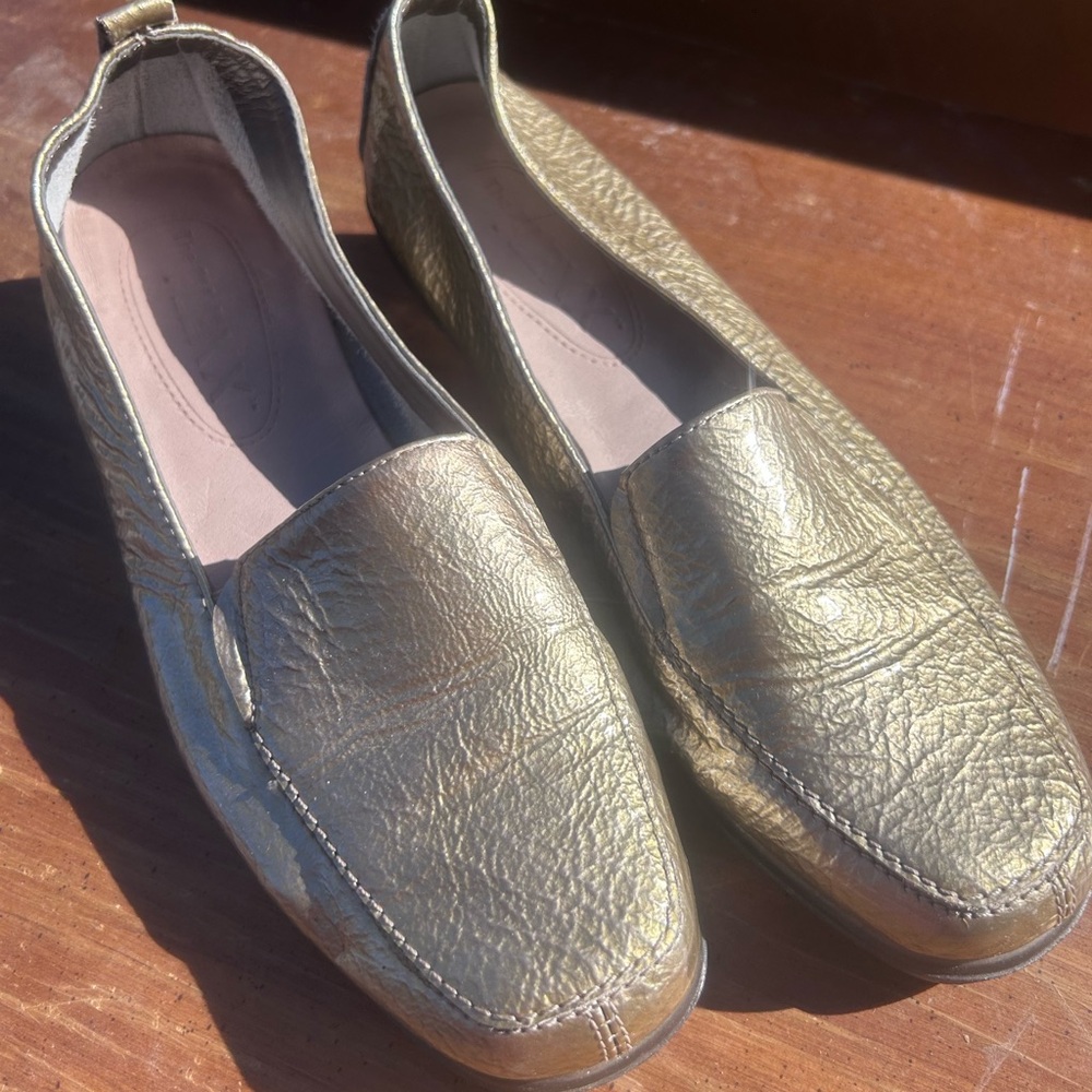 Taryn Rose Wedge Loafers Womens 9 Gold Good Metallic Leather Square Toe Slip On